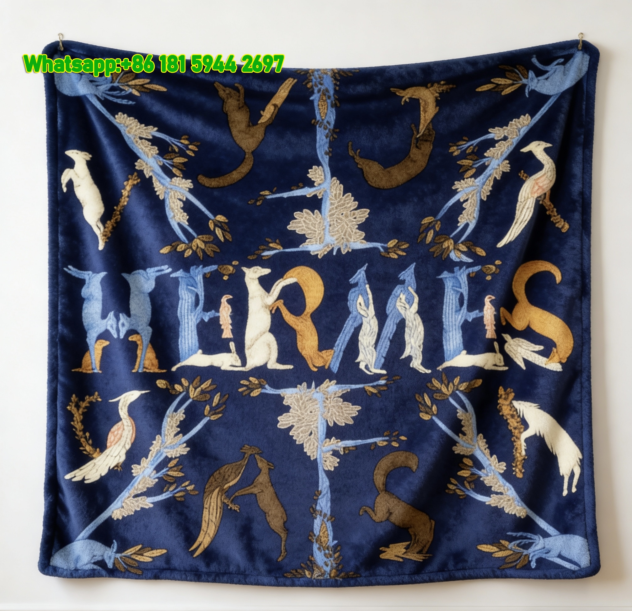 Hermès Inspired Animal Alphabet Blue Flannel Throw Blanket for Wall Decor & Sofa IMG_5434